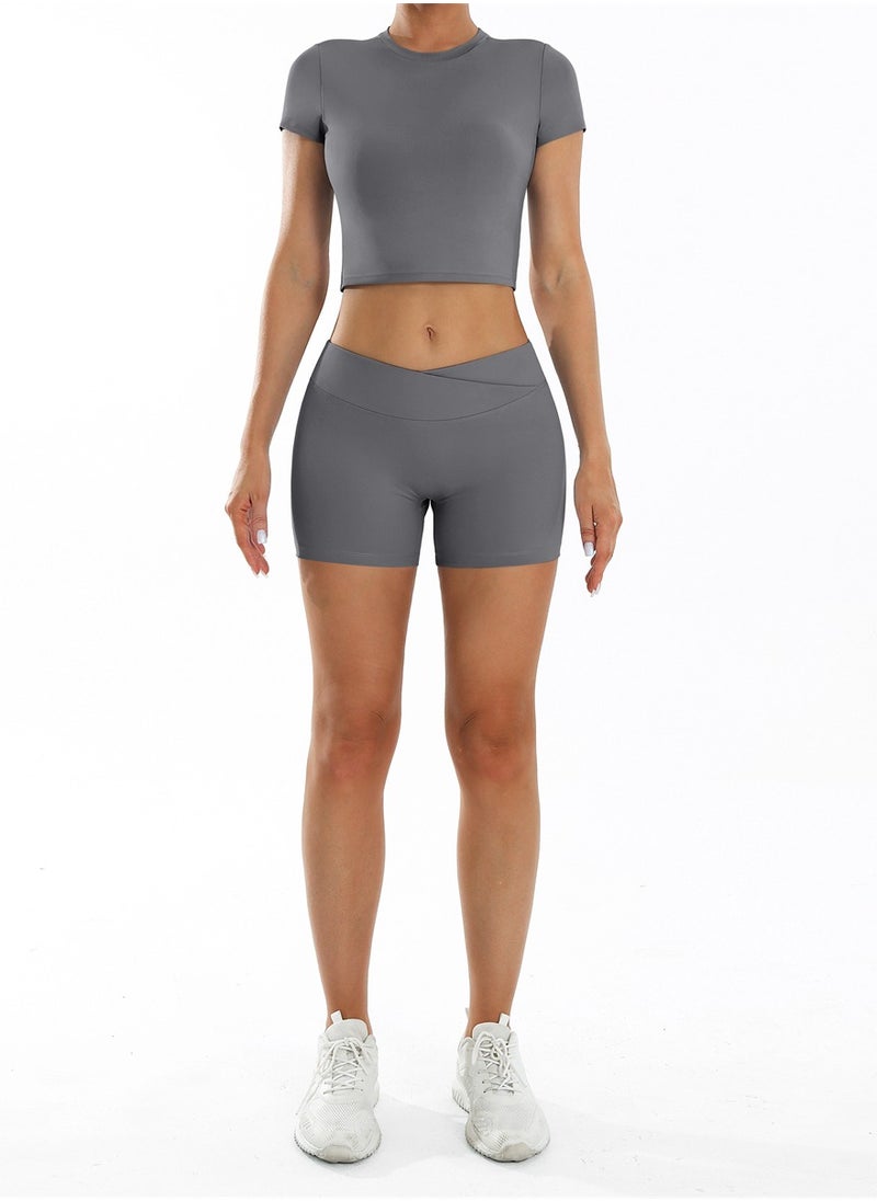 General Yoga Outfits for Women 2 Piece Set Tracksuit Short Sleeve Crop Top Push Up Shorts Sportswear  - Image 1