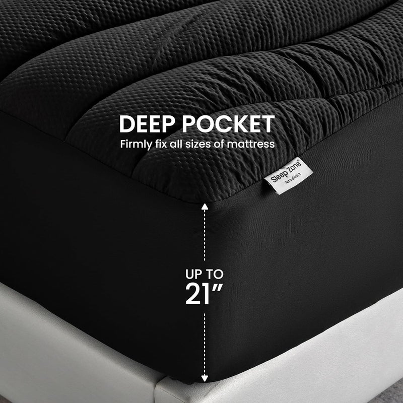 SLEEP ZONE وسادة مرتبة كاملة للتبريد من SLEEP ZONE لسرير مزدوج، غطاء وسادة مرتبة بارد بمناطق متميزة، حماية مرتبة مبطن قابلة للتنفس والغسل، جيب عميق 8-21 بوصة (أسود، كامل) - Image 5