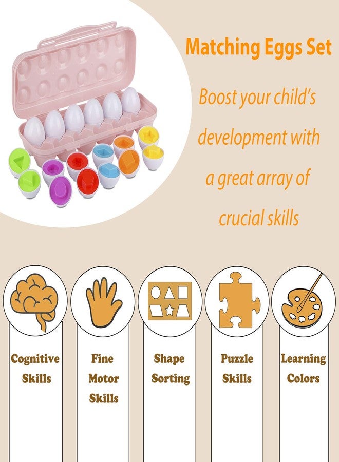 Hhyn Color Shape Matching Eggs for Toddlers, Preschool Learning Educational Sorting Easter Eggs Toys Gift Recognition Skills for Kids Boys Girls with Pink Eggs Holder, 12 Eggs - Image 3