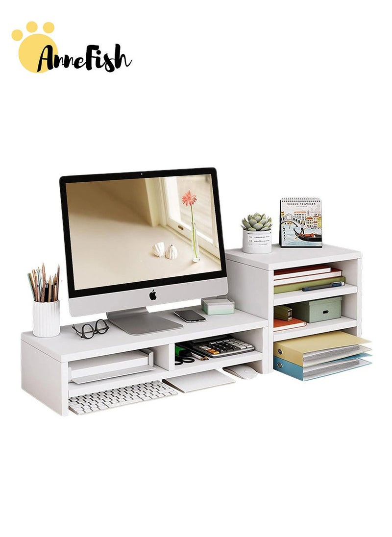 AnneFish - 2 Tier Monitor Stand Riser Home Office Computer Multifunction Desktop Monitor Stands with Three Layer Storage Rack Storage Organizer Compartment Set - Image 1