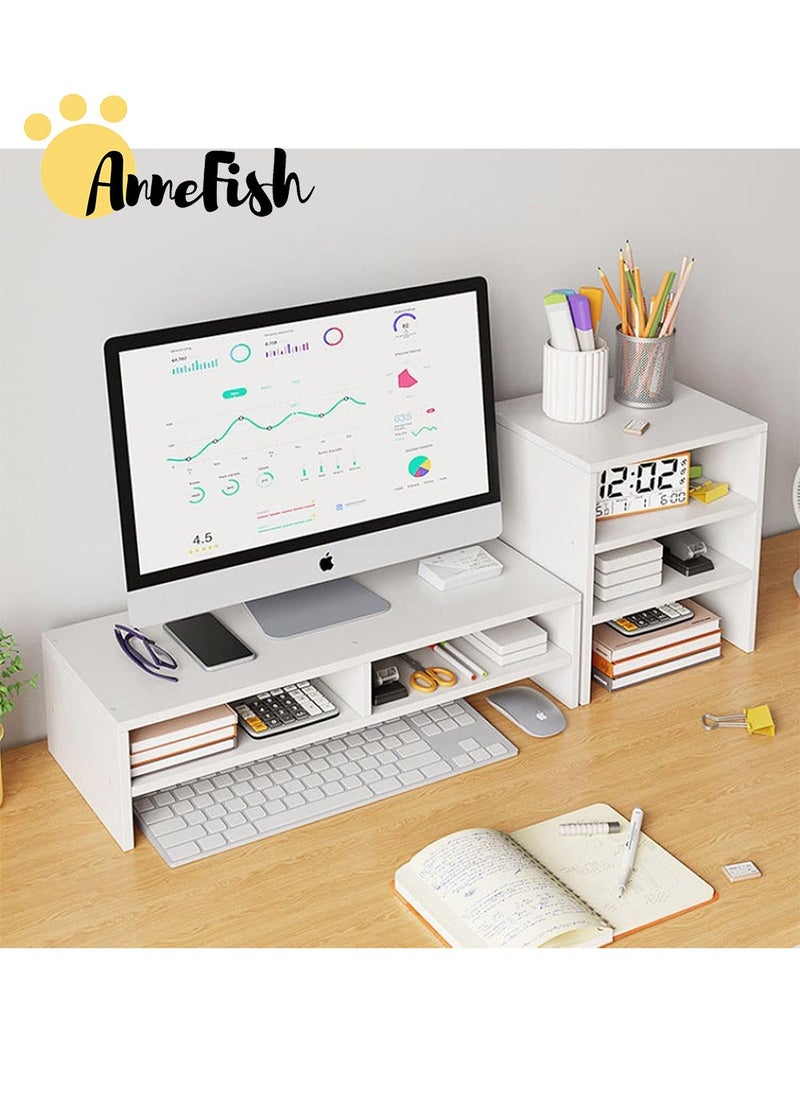 AnneFish - 2 Tier Monitor Stand Riser Home Office Computer Multifunction Desktop Monitor Stands with Three Layer Storage Rack Storage Organizer Compartment Set - Image 1