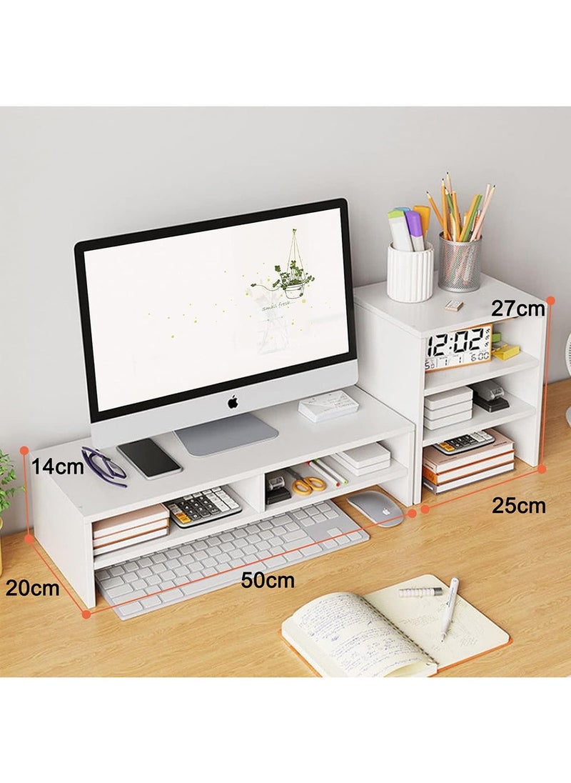 AnneFish - 2 Tier Monitor Stand Riser Home Office Computer Multifunction Desktop Monitor Stands with Three Layer Storage Rack Storage Organizer Compartment Set - Image 1