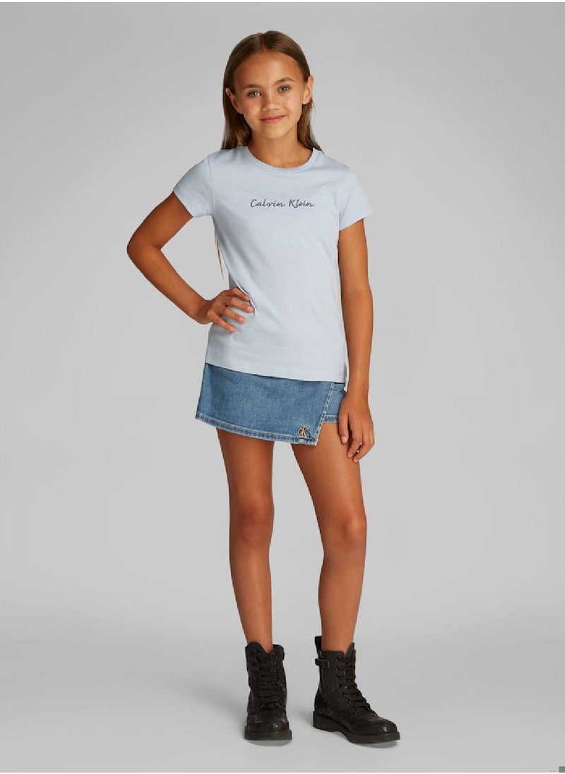 Calvin Klein Jeans Girls' Script Logo Slim Fit T-Shirt - Cotton, Blue  - Image 5