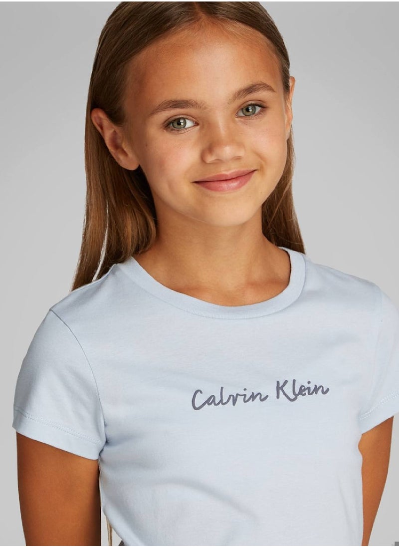 Calvin Klein Jeans Girls' Script Logo Slim Fit T-Shirt - Cotton, Blue  - Image 3