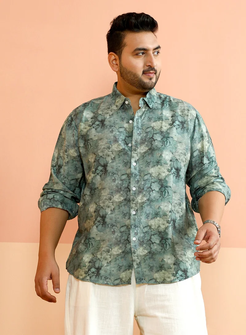 Instafab Plus Instafab Plus Men's Forest Green Floral-Strokes Print Shirt For Casual Wear | Spread Collar | Long Cuffed Sleeves | Button Closure | Plus Size Shirt Crafted With Comfort Fit For Everyday Wear