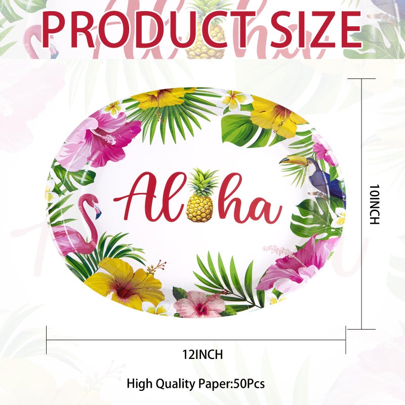 Grencian 50Pcs Hawaiian Luau Oval Paper Plates 10"" X 12"" Disposable Tropical Aloha Party Plates Heavy Duty Dinnerware Hawaiian Floral Luau Party Decorations for Summer Beach Birthday Party Holiday - Image 3