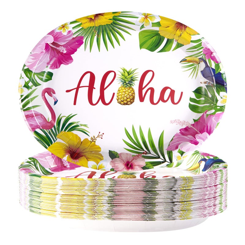 Grencian 50Pcs Hawaiian Luau Oval Paper Plates 10"" X 12"" Disposable Tropical Aloha Party Plates Heavy Duty Dinnerware Hawaiian Floral Luau Party Decorations for Summer Beach Birthday Party Holiday - Image 1