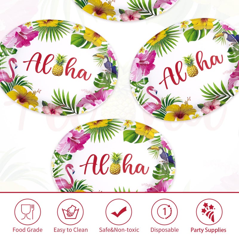 Grencian 50Pcs Hawaiian Luau Oval Paper Plates 10"" X 12"" Disposable Tropical Aloha Party Plates Heavy Duty Dinnerware Hawaiian Floral Luau Party Decorations for Summer Beach Birthday Party Holiday - Image 2