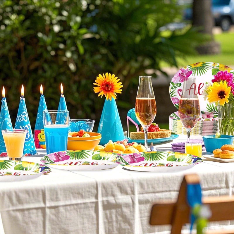 Grencian 50Pcs Hawaiian Luau Oval Paper Plates 10"" X 12"" Disposable Tropical Aloha Party Plates Heavy Duty Dinnerware Hawaiian Floral Luau Party Decorations for Summer Beach Birthday Party Holiday - Image 5