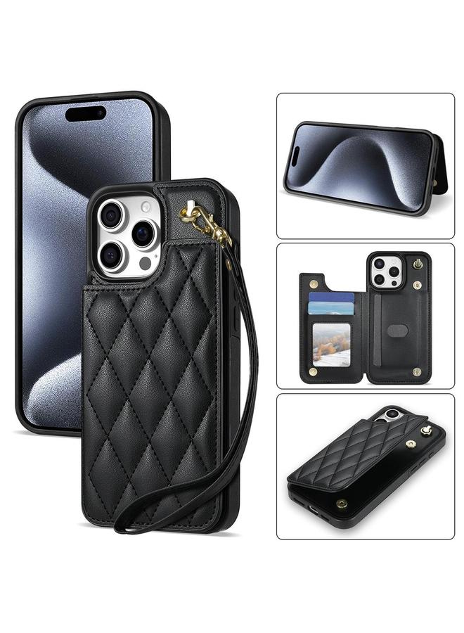 The Bros Case For iPhone 14 Pro Max Rhombic Dual Buckle Card Slots Phone Case with Lanyard