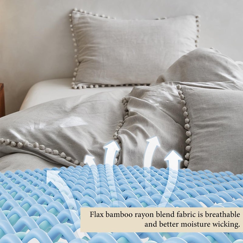 Simple&Opulence French Linen Blended Duvet Cover Queen, Flax Viscose Derived from Bamboo Bedding Set with Pom Pom Trim Soft Cooling for Hot Sleepers, 1 Boho Comforter Cover and 2 Pillow Shams, Linen - Image 5