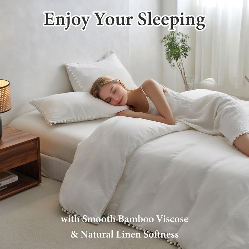 Simple&Opulence French Linen Blended Duvet Cover Queen, Flax Viscose Derived from Bamboo Bedding Set with Pom Pom Trim Soft Cooling for Hot Sleepers, 1 Boho Comforter Cover and 2 Pillow Shams, Linen - Image 4