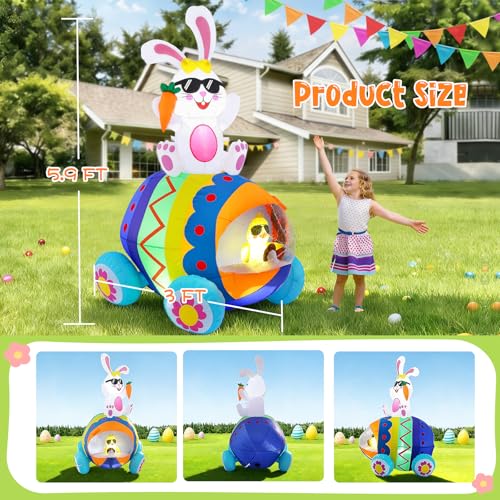 Elegear 5.9FT Easter Inflatable Bunny Driving Egg Car Outdoor Decoration, Lighted Bunny & Chick Blow Up Yard Decor for Lawn, Garden, Holiday Party & Spring Display - Image 2