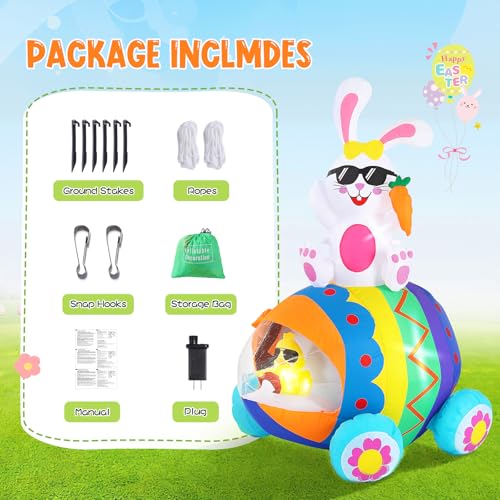 Elegear 5.9FT Easter Inflatable Bunny Driving Egg Car Outdoor Decoration, Lighted Bunny & Chick Blow Up Yard Decor for Lawn, Garden, Holiday Party & Spring Display - Image 5