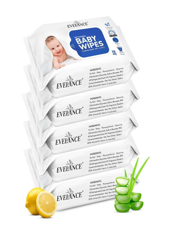 EVELANCE Soft Cleansing Baby Wet Wipes (Pack of 5) 72 Wipes Each, Daily Use Wipe Enriched with Aloe vera & Lemon Extracts with 98% Water, For New Born Babies and Kids - Image 1