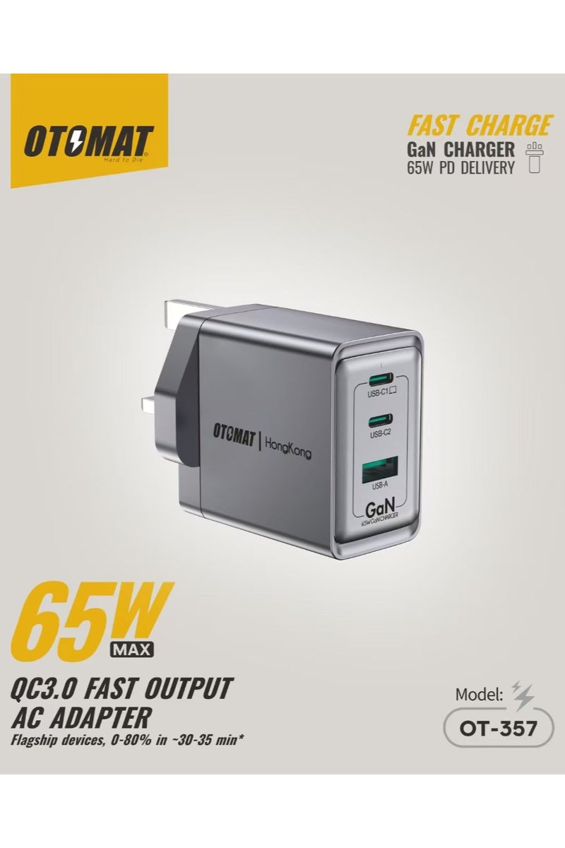 OTOMAT 65W GaN Fast Charging Charger Head with 2 PD Ports and 1 USB Port - Image 2