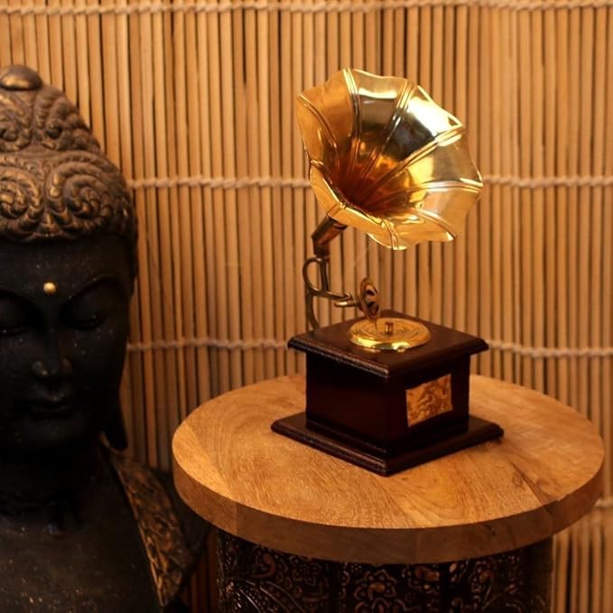 Decorative Gramophone Showpiece 10 Inches Vintage Style Brass for Home Decor Gramophone Handicraft Mini Brass Items for Home Decor Office Desk Living Room Study Table and Gift Purpose