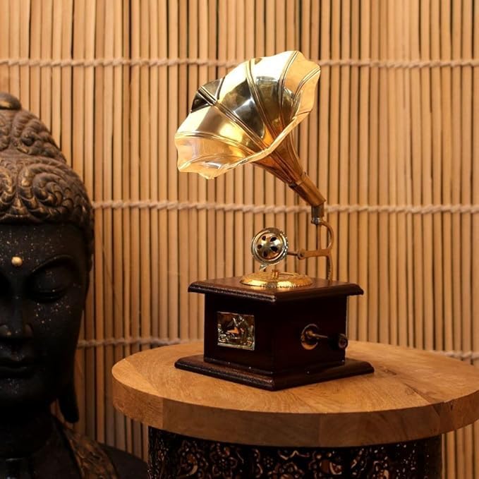Decorative Gramophone Showpiece 10 Inches Vintage Style Brass for Home Decor Gramophone Handicraft Mini Brass Items for Home Decor Office Desk Living Room Study Table and Gift Purpose