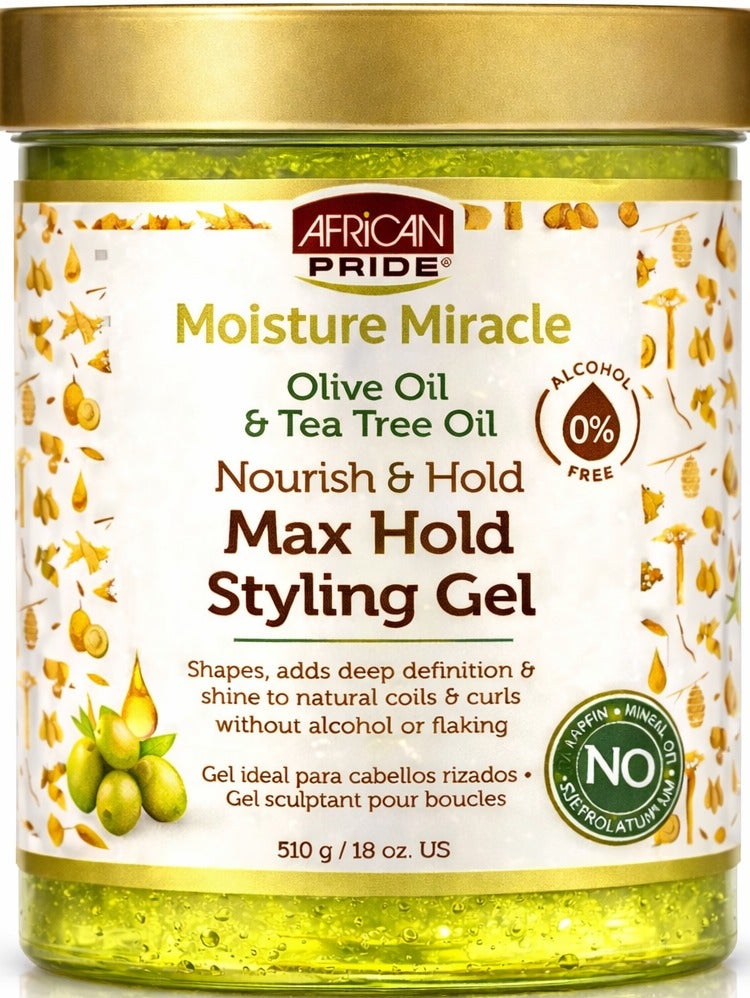 African Pride Moisture Miracle Max Hold Styling Gel 510g (18oz) – Olive Oil & Tea Tree Oil – Strong Hold Curl Defining Gel – No Alcohol, No Flaking - Image 1