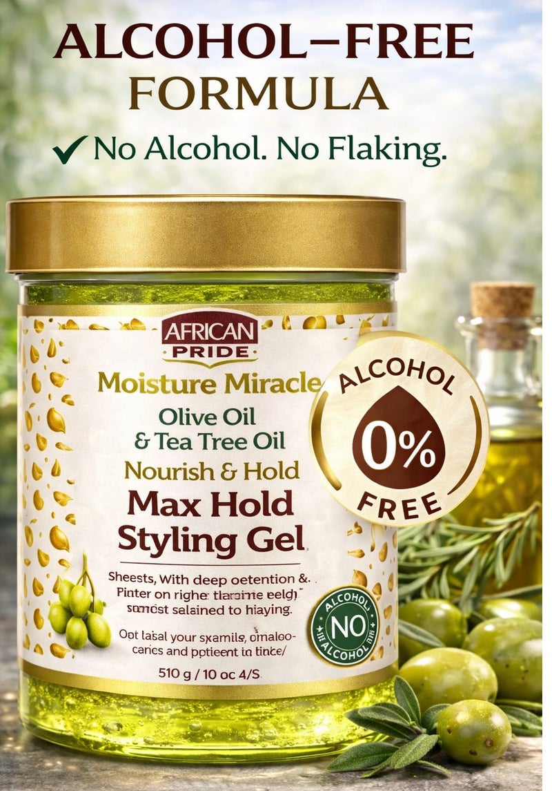 African Pride Moisture Miracle Max Hold Styling Gel 510g (18oz) – Olive Oil & Tea Tree Oil – Strong Hold Curl Defining Gel – No Alcohol, No Flaking - Image 3