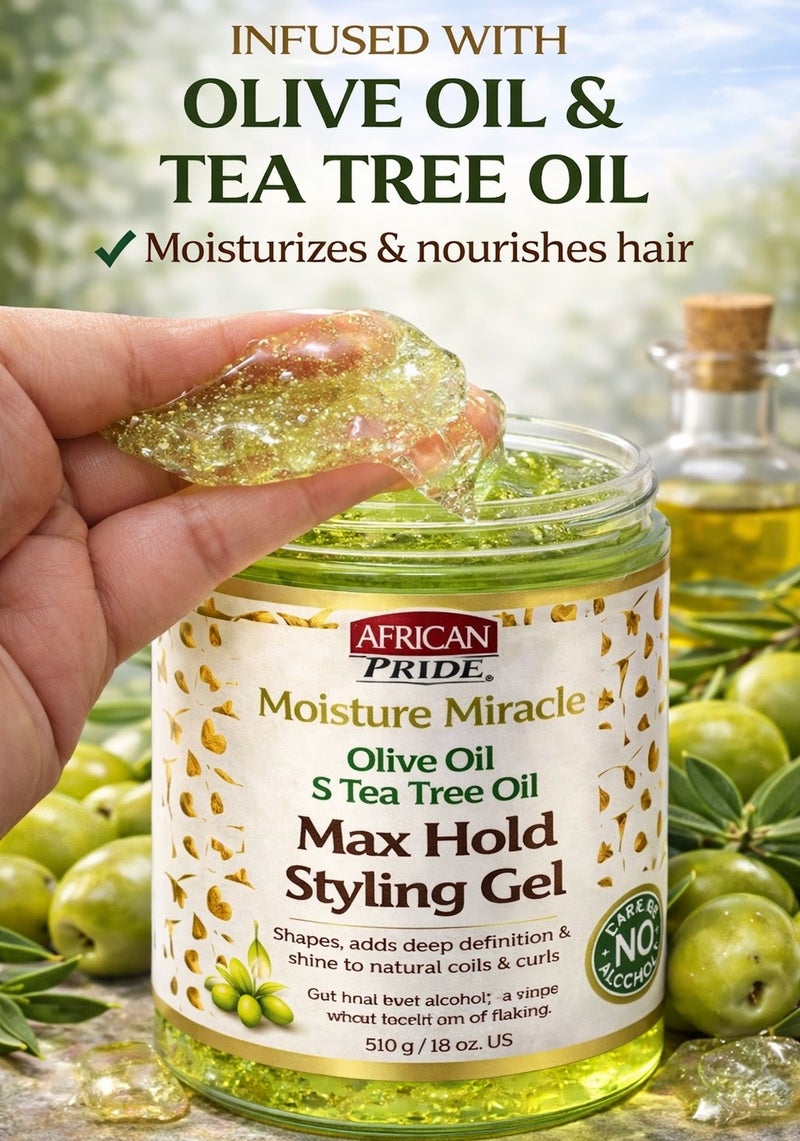 African Pride Moisture Miracle Max Hold Styling Gel 510g (18oz) – Olive Oil & Tea Tree Oil – Strong Hold Curl Defining Gel – No Alcohol, No Flaking - Image 4