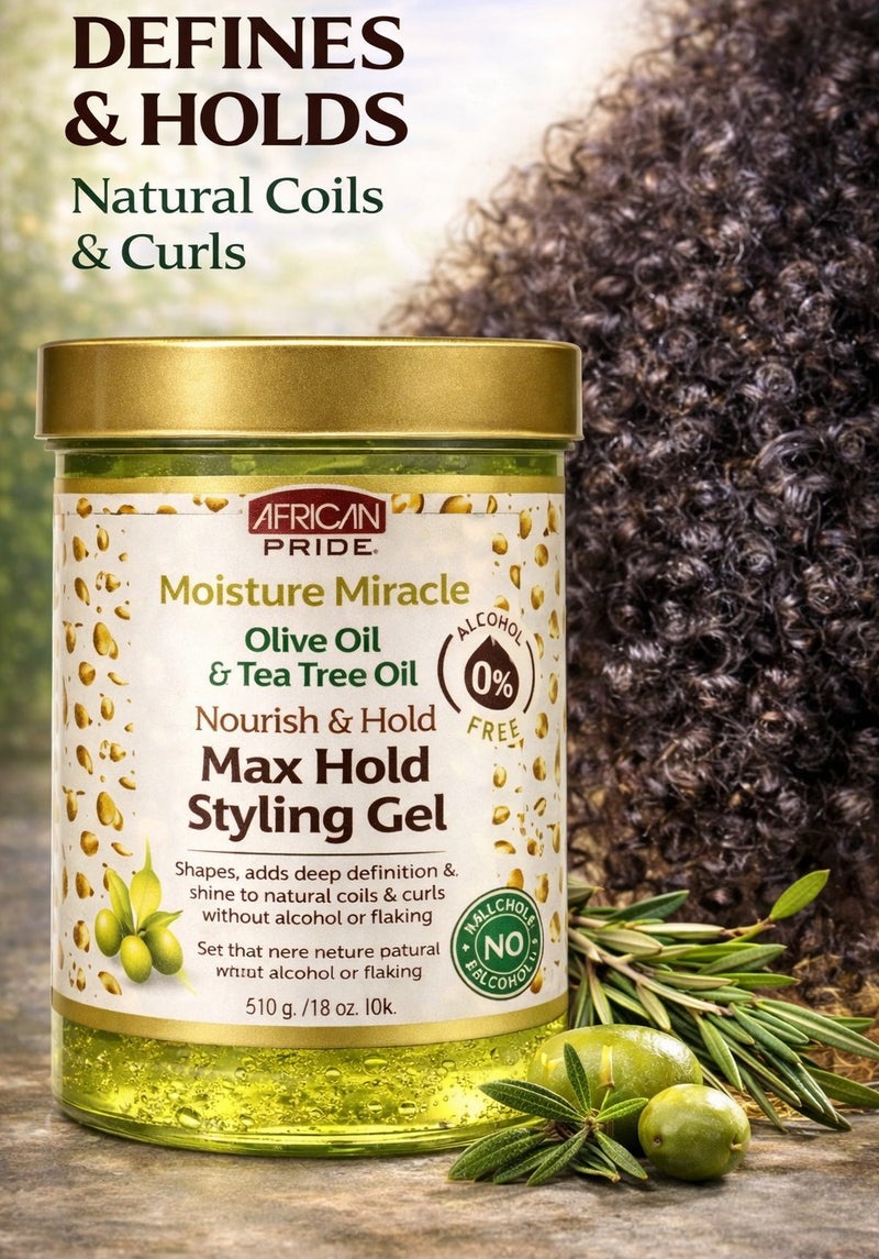 African Pride Moisture Miracle Max Hold Styling Gel 510g (18oz) – Olive Oil & Tea Tree Oil – Strong Hold Curl Defining Gel – No Alcohol, No Flaking - Image 5
