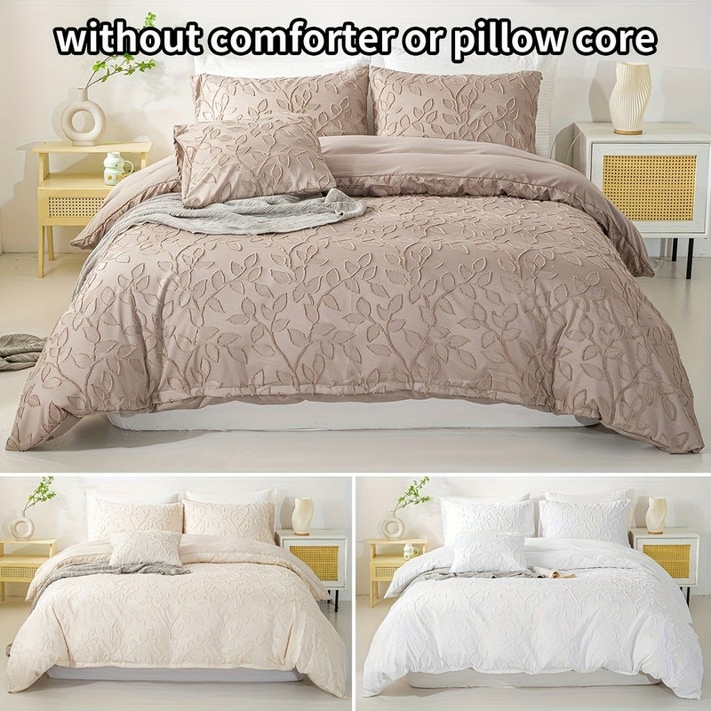 3pcs Solid Color Leaf Pattern Duvet Cover Set, Excluding Filling and Pillow Insert - Image 3