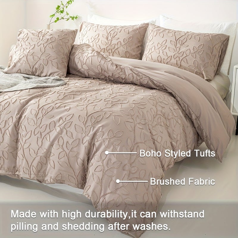 3pcs Solid Color Leaf Pattern Duvet Cover Set, Excluding Filling and Pillow Insert - Image 2