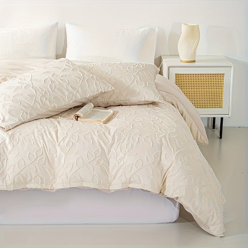 3pcs Solid Color Leaf Pattern Duvet Cover Set, Excluding Filling and Pillow Insert - Image 1