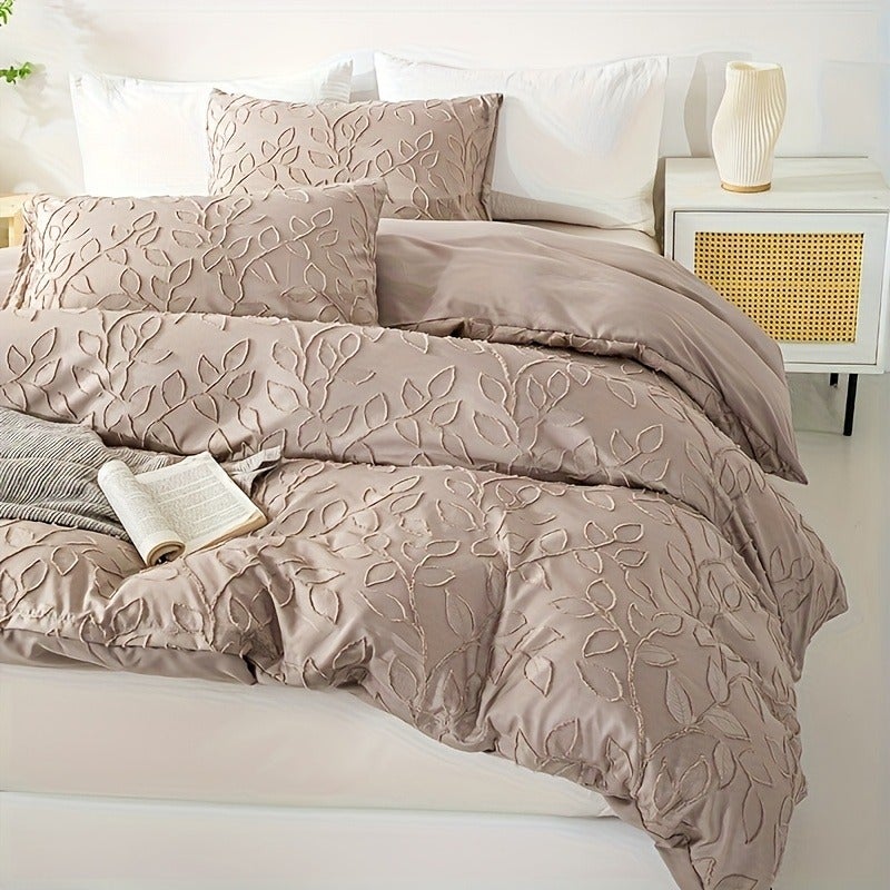 3pcs Solid Color Leaf Pattern Duvet Cover Set, Excluding Filling and Pillow Insert - Image 4