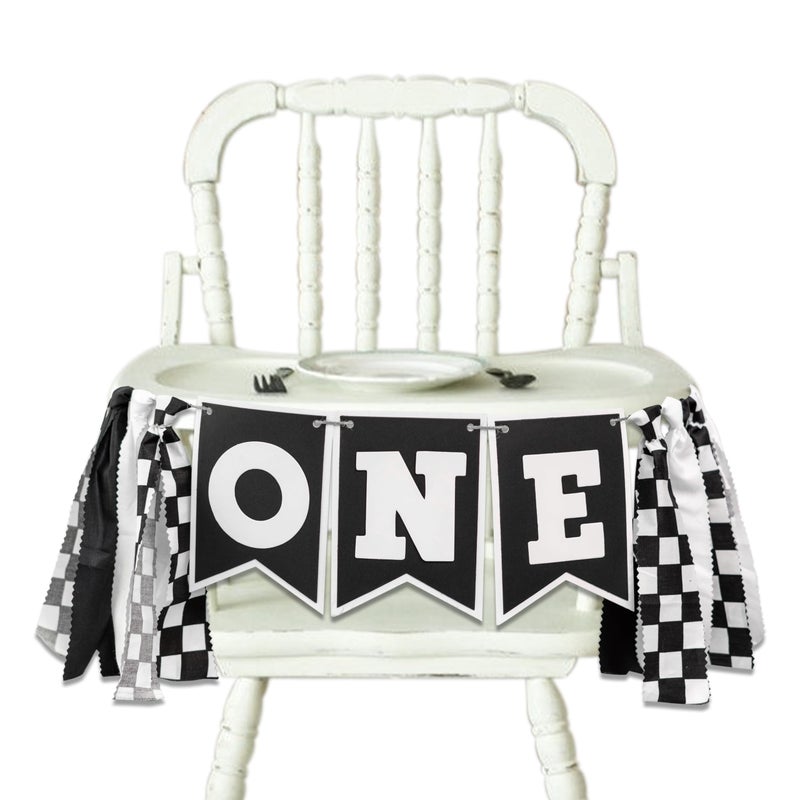 VANGNING Race Car High Chair Banner - Black White Race Car Highchair Banner 1st Birthday Decorations,First Birthday Photo Prop Cars Theme - Image 1