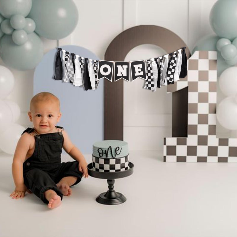 VANGNING Race Car High Chair Banner - Black White Race Car Highchair Banner 1st Birthday Decorations,First Birthday Photo Prop Cars Theme - Image 4