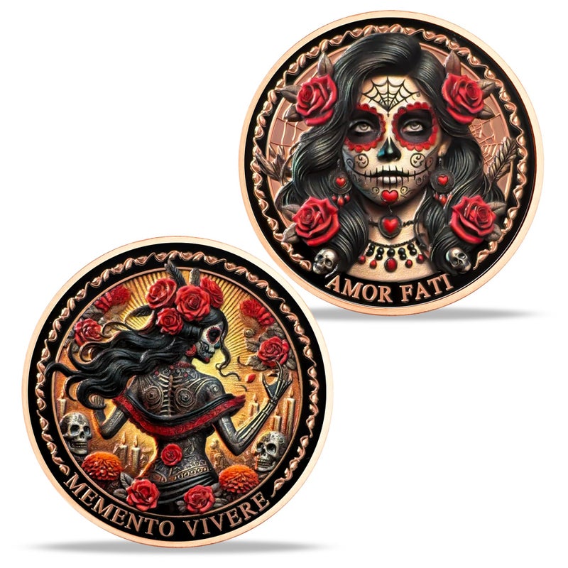 Imasoner Memento Mori Coin â€“ Rose Skeleton Woman with Amor Fati & Memento Vivere | Day of The Dead Gothic Challenge Coin | Inspirational Keepsake Gift for Men & Women | Stoic Life Reminder - Image 1