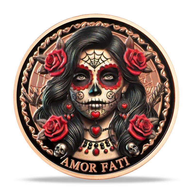 Imasoner Memento Mori Coin â€“ Rose Skeleton Woman with Amor Fati & Memento Vivere | Day of The Dead Gothic Challenge Coin | Inspirational Keepsake Gift for Men & Women | Stoic Life Reminder - Image 3