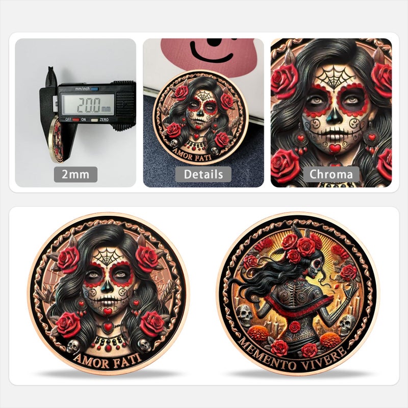 Imasoner Memento Mori Coin â€“ Rose Skeleton Woman with Amor Fati & Memento Vivere | Day of The Dead Gothic Challenge Coin | Inspirational Keepsake Gift for Men & Women | Stoic Life Reminder - Image 2