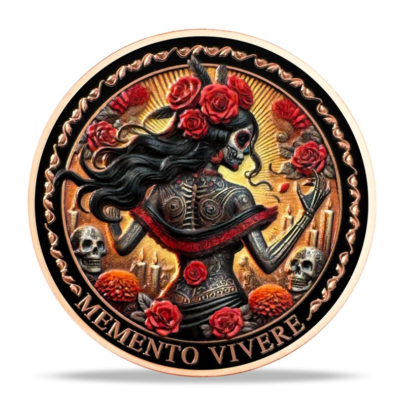 Imasoner Memento Mori Coin â€“ Rose Skeleton Woman with Amor Fati & Memento Vivere | Day of The Dead Gothic Challenge Coin | Inspirational Keepsake Gift for Men & Women | Stoic Life Reminder - Image 4