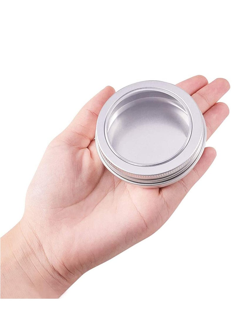 SYOSI - 12 Pack Round Lip Balm Tin Cans Aluminum Cosmetic Sample Containers with Screw Lid with Clear Window - Great for Store Spices, Candies, Tea or Gift Giving (Platinum 2 OZ) - Image 1