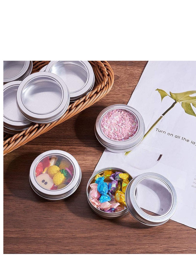 SYOSI - 12 Pack Round Lip Balm Tin Cans Aluminum Cosmetic Sample Containers with Screw Lid with Clear Window - Great for Store Spices, Candies, Tea or Gift Giving (Platinum 2 OZ) - Image 1