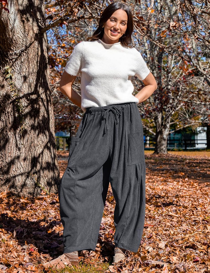 TARSE Women's Corduroy Pants Elastic Waist Drawstring Harem Wide Leg Loose Fit Barrel Lounge Pants with Pockets, Darkgray, L - Image 3