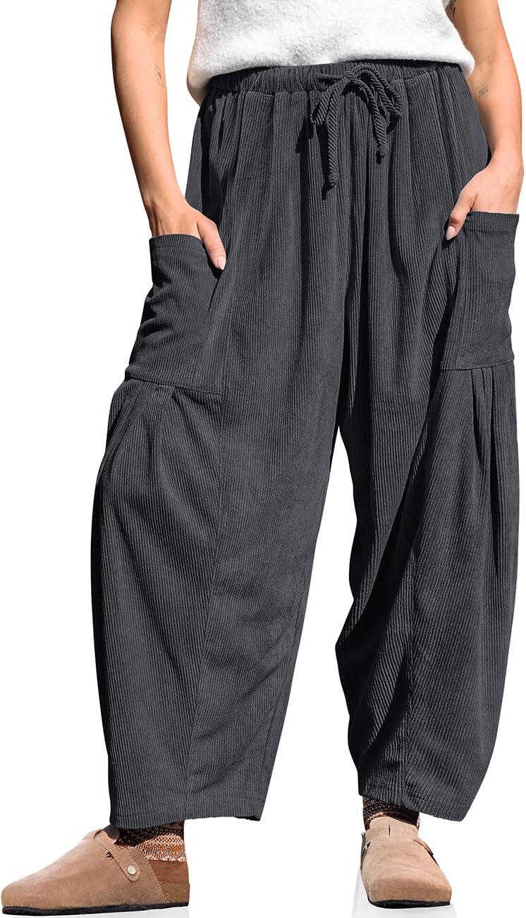 TARSE Women's Corduroy Pants Elastic Waist Drawstring Harem Wide Leg Loose Fit Barrel Lounge Pants with Pockets, Darkgray, L - Image 1