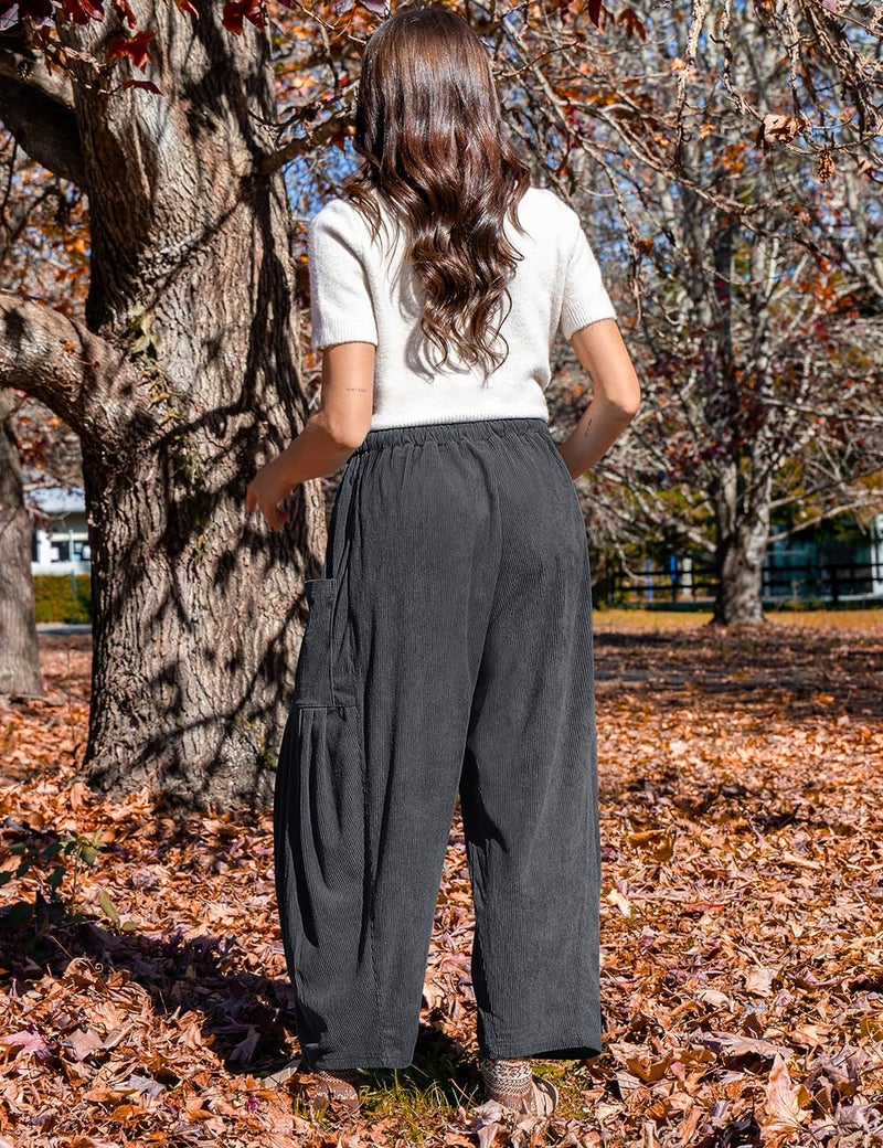 TARSE Women's Corduroy Pants Elastic Waist Drawstring Harem Wide Leg Loose Fit Barrel Lounge Pants with Pockets, Darkgray, L - Image 5