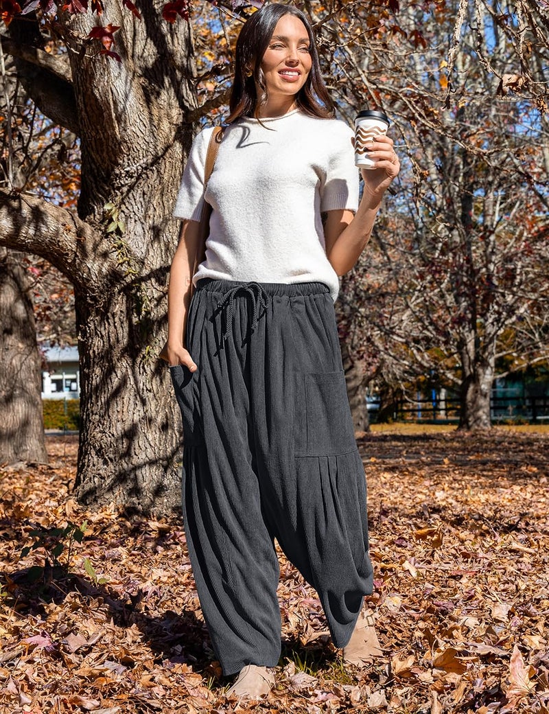 TARSE Women's Corduroy Pants Elastic Waist Drawstring Harem Wide Leg Loose Fit Barrel Lounge Pants with Pockets, Darkgray, L - Image 4