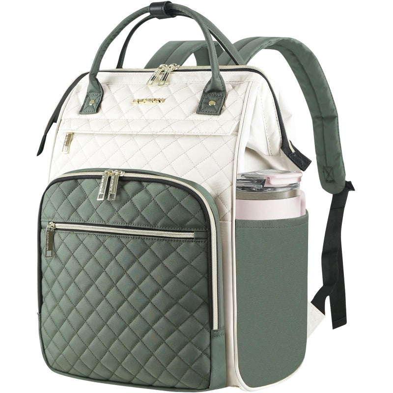 EMPSIGN 17 Inch Laptop Backpack for Women, Work Business Travel Computer College Bags, Large Capacity Water-repellent Quilted Casual Daypack with USB Port, Beige-Army Green - Image 1