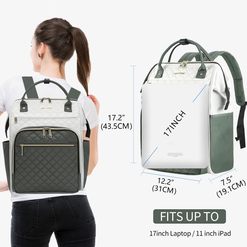 EMPSIGN 17 Inch Laptop Backpack for Women, Work Business Travel Computer College Bags, Large Capacity Water-repellent Quilted Casual Daypack with USB Port, Beige-Army Green - Image 2