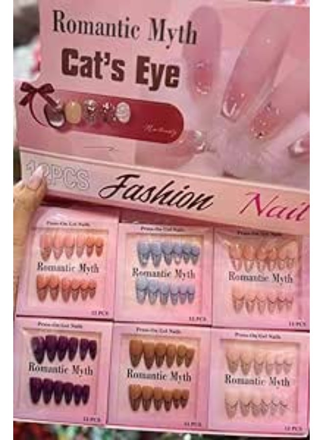 أظافر صناعية لامعة تثبت بالضغط ، من 6 لونُا بتغطية كاملة، شكل مستطيل وقصير وبيضاوي للنساء والفتيات،لون لامع