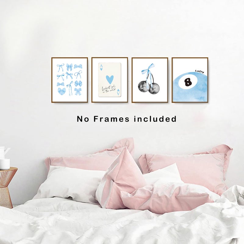 okaxscm Blue Coquette Trendy Preppy Wall Art Prints Set of 4  Coquette Room Decor  Preppy Room Decor Aesthetic  Blue Bow Disco 8 Ball Cherry Wall Decor Posters for Girls Bedroom Dorm  8x10 Unframed - Image 3