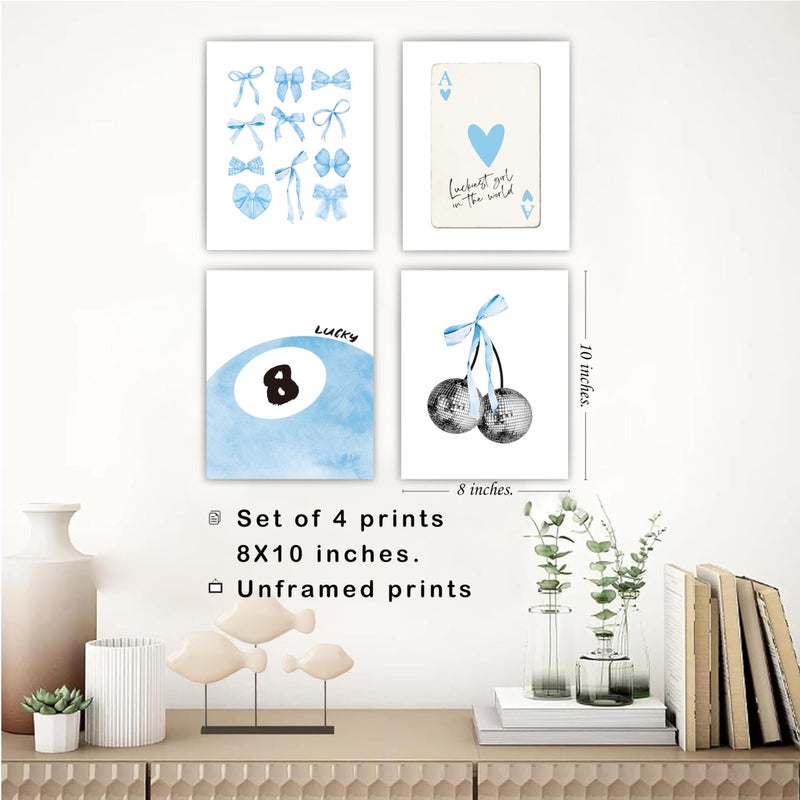 okaxscm Blue Coquette Trendy Preppy Wall Art Prints Set of 4  Coquette Room Decor  Preppy Room Decor Aesthetic  Blue Bow Disco 8 Ball Cherry Wall Decor Posters for Girls Bedroom Dorm  8x10 Unframed - Image 2