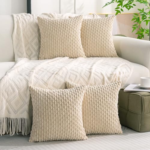 Cozoomy Set of 4 Beige Decorative Throw Pillow Covers 18x18 Inch Corduroy Pillow Covers for Bed Couch Sofa Living Room Soft Square Cushion Cases - Image 2