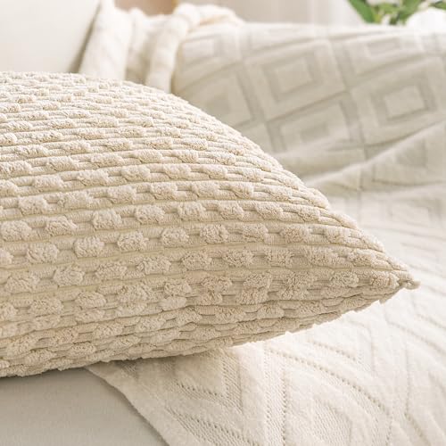 Cozoomy Set of 4 Beige Decorative Throw Pillow Covers 18x18 Inch Corduroy Pillow Covers for Bed Couch Sofa Living Room Soft Square Cushion Cases - Image 4