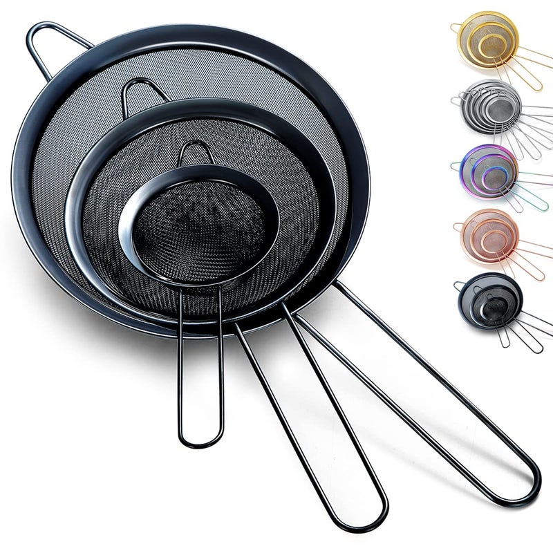 Kyraton Black Fine Mesh Strainer 3 Pieces Set, Flour Sifter For Baking, Stainless Steel Clander, Matcha Tea Strainer, Gravy Separator, Stasher Sieve Pasta Strainers - Image 1